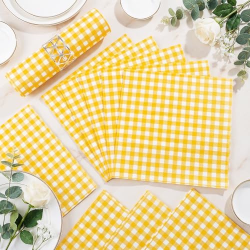 NatNarr 80 Pk Gingham Napkins Yellow Napkins Disposable, 6.5"