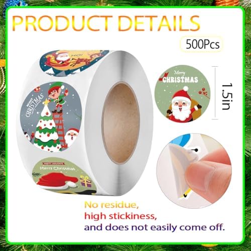 500pcs Christmas Stickers Roll for Cards 8 Designs Santa Claus Snowmen Elk Xmas Winter Holiday Round Adhesive Label Stickers Decal for Xmas Cards DIY Gift & Party Favor Decorations