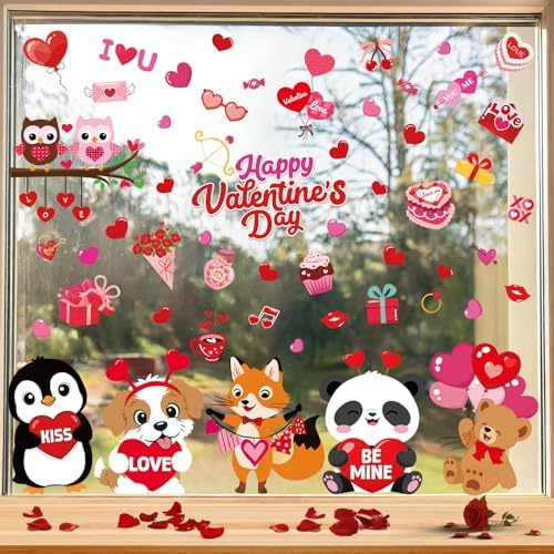 Happy Valentine's Day Window Clings 6 Sheets, Red Pink Hearts Window Decals Clings for Home Classroom Party Decorations Supplies, Reusable Valentine XOXO Love Cling for Windows (Valentines)