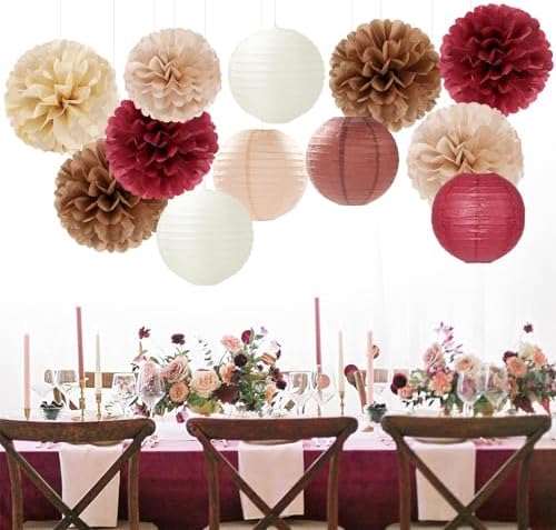 Burgundy-Brown Champagne Party-Decorations Paper-Flowers Lanterns - 15PCS Fall Boho Tissue Pom Poms Streamers,Autumn Rustic Baby Shower Neutral Wedding Birthday Decor Hugfond
