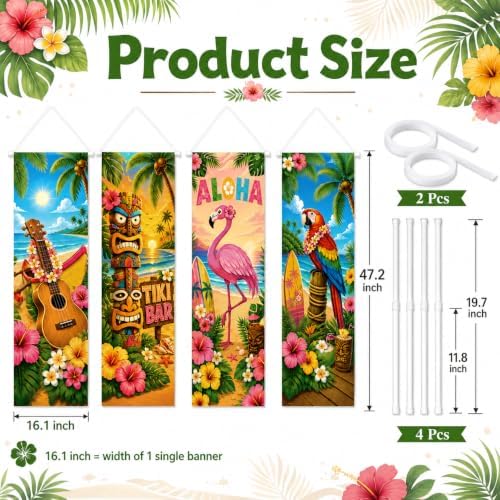 Cinrobiye 4 Pcs Hawaiian Luau Party Porch Sign Decorations, Tropical Aloha Door Banner with Tiki Flamingo Beach Design, Summer Party Hanging Backdrop for Tiki Bar, Birthday, Outdoor Indoor Events