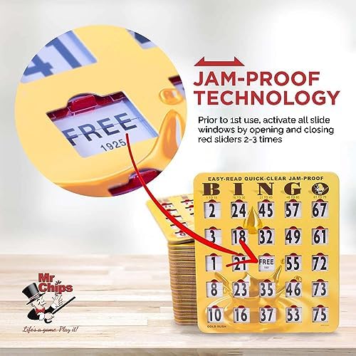 MR CHIPS Jam-Proof Bingo Cards with Sliding Windows, 25 Reusable Shutter Cards, 75 Calling Cards 1 Master Board in Gold Rush Style
