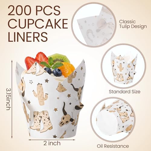 Maxdot 200 Pcs Western Cowboy Tulip Cupcake Liners for Baking Western Theme Paper Muffin Baking Cups Retro Wild West Tulip Muffin Liners Wrappers for Baby Shower Birthday Party