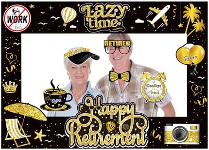 Retirement Party Photo Booth Props Kit - 37pcs Paper Photo Props 1 Frame Glitter Retirement Party Decorations for Retiree Celebration, Farewell Office Party Supplies (Black and Gold)