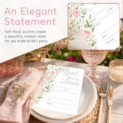 Bridal Shower Invitations, 25 Floral Wedding Shower Invites with Envelopes, 5x7 Blush Pink Rose Bride to Be Engagement Party Supplies - A05