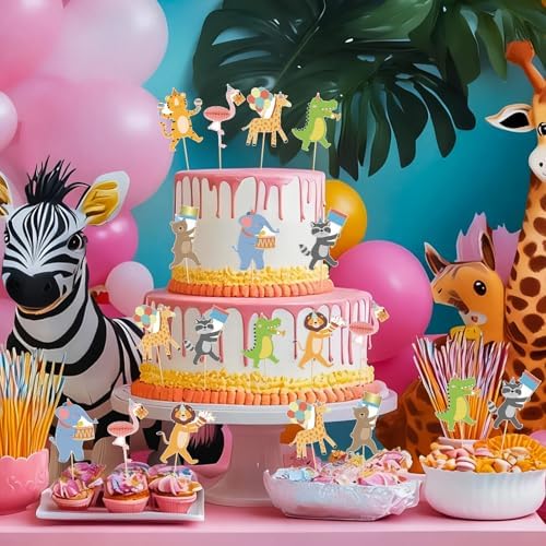 Hooqict 40Pcs Safari Cupcake Toppers Animal Birthday Party Cake Decorations Animal Parade Cupcake Toppers for Kids Jungle Theme Baby Shower Zoo Wild Birthday Party Decorations Supplies