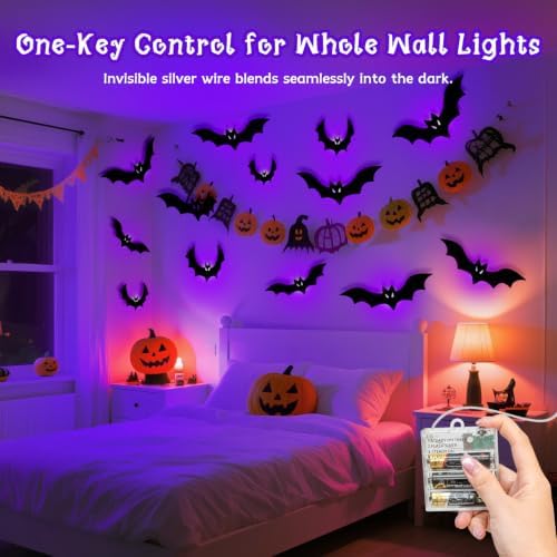 Halloween Bats Fairy Lights Wall Decor, 20 Packs Lighted Bats Stickers with Timer Halloween Party Wall Window Indoor Home Decorations