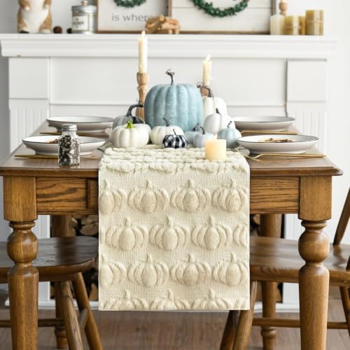 Artoid Mode Beige Soft Faux Fur Pumpkins Fall Table Runner 13x120 Inch