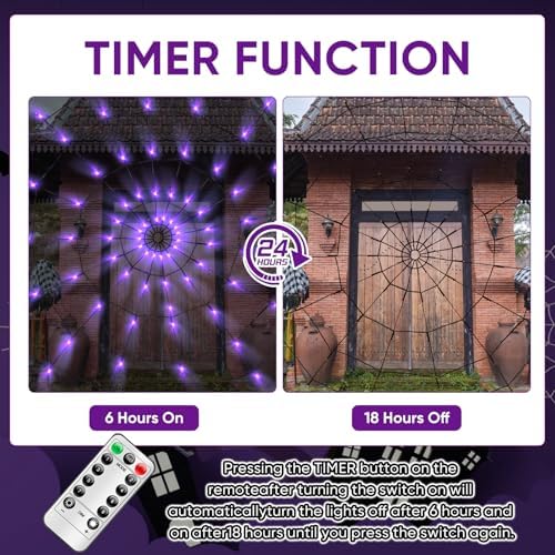 LCHUANG Halloween Decorations Spider Web Lights - 2 Pcs Light Up Spider Web, 4FT Diameter 70 LED with Black Spider, Waterproof, Remote Control, 8 Modes Cobweb Halloween Decorations (Purple+Orange)
