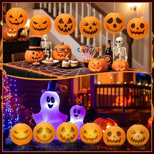 DECYOOL 12PCS Halloween Pumpkin Paper Lanterns, Hanging Jack O Lantern Set