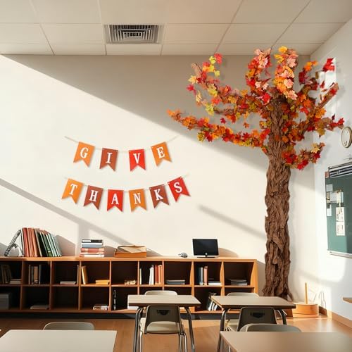Thanksgiving Classroom Tree Bulletin Board Set Fall DIY 3D Kraft Craft Cardboard Tree with Simulated Maple Leaves Thanks Giving Banner Wall Decor for Autumn Rustic School Elementary Teacher Chalkboard