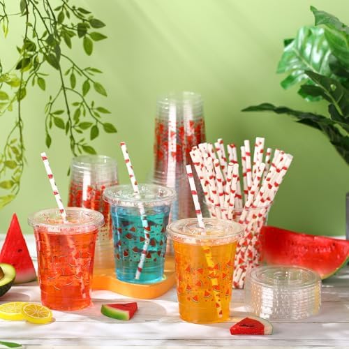 Funnymoom 50 Sets Watermelon Disposable Plastic Cups Bulk with Lids and Straws 16 oz Watermelon Clear Plastic Cups Red Fruit Cold Beverage Drinking Container for Baby Shower Birthday Party Supplies