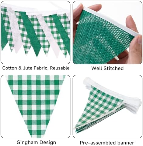 G2PLUS Green and White Gingham Fabric Bunting Banner, 32Ft Cotton Burlap Triangle Garland for Xmas, Wedding Décor, Birthday, Picnic, BBQ, Golf Party & Outdoor Celebrations