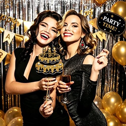 38 Pcs Birthday Photo Booth Props Kit with Frame, Happy Birthday Party Favors Supplies Bday Party Decorations Set for Girls Women Really Glitter Selfie Paper Party Supplies (Gold)