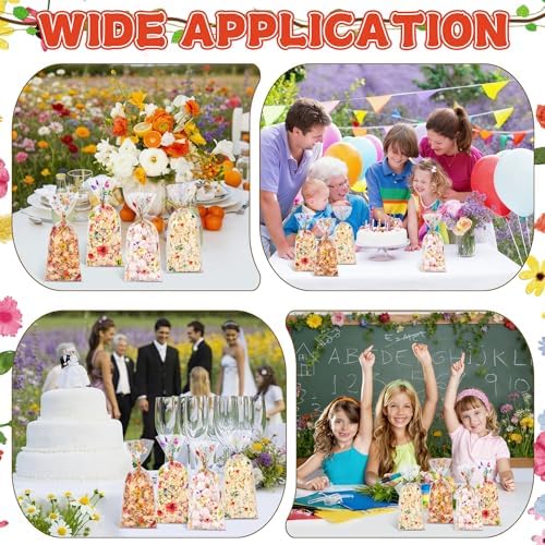 50 Pcs Wildflower Cellophane Treat Bags - 5 x 11 Inch Clear Floral Goodie Bags with Ties for Cookies, Snacks & Gift Packaging, Wildflower Candy Bag for Baby Bridal Shower, Bday, Wedding Party Favors