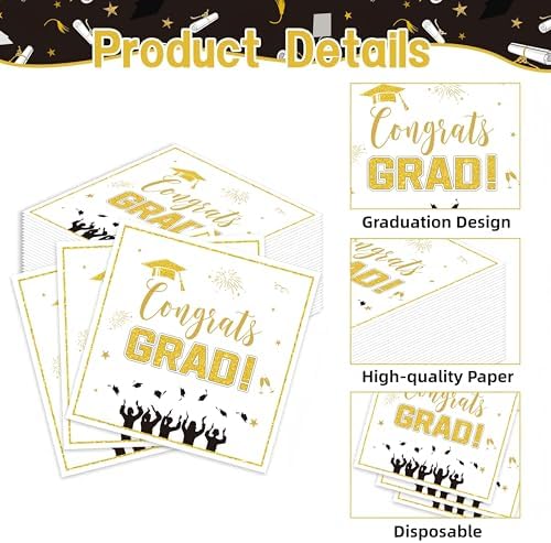 50 Pack Graduation Paper Napkins, Disposable White and Gold Graduation Napkins, Class of 2026 Napkins for Graduation Celebration Party Supplies