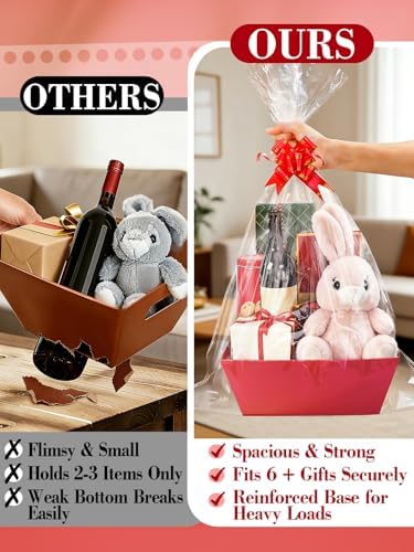 Beeplove 6 Sets Large Thick Kraft Baskets for Gifts Empty - Gift Baskets Empty Kit with Cellophane Wrap and Pull Bows for Wedding Birthday Bridesmaid Baby Shower, Red