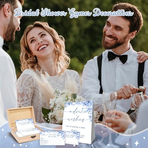 Advice And Wishes For the New Mr and Mrs - 50 Pcs Blue Flower Wedding Advice Cards Box, Advices and Wishes Cards For Bride and Groom,Newlyweds,Blue Flower Wedding Bridal Shower Decorations