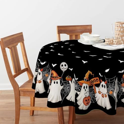 Horaldaily Halloween Tablecloth 60 x 60 Inch Round Black Bat Ghost Spider