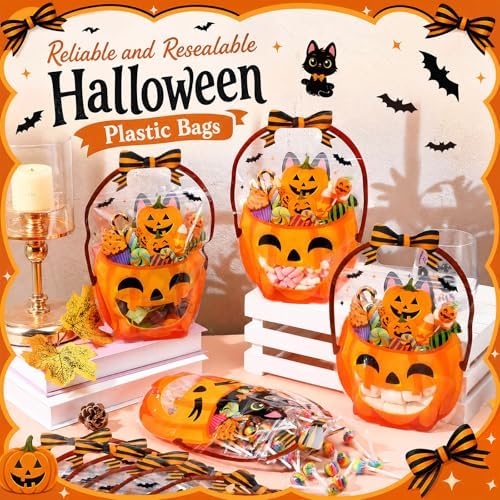 Fuutreo 25 Pcs Halloween Treat Bags with Handles, Black Cat Plastic