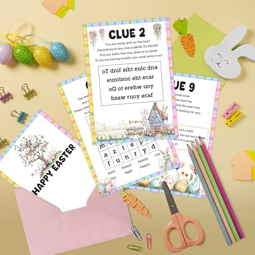 Easter Scavenger Hunt Games, Easter Treasure Hunt Clues Game Cards, Family Party Games for Kids and Adults, Holiday Party Game for Activities Decorations Supplies, 5x7 Inch (Indoor)-A02