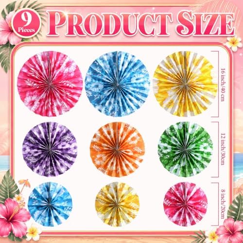 Outus 9 Pcs Tropical Hibiscus Paper Fans Hawaiian Party Decorations