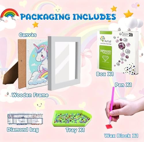 Diamond Art Kit for Kids with Frame,Rainbow Horse Diamond Painting for Kids