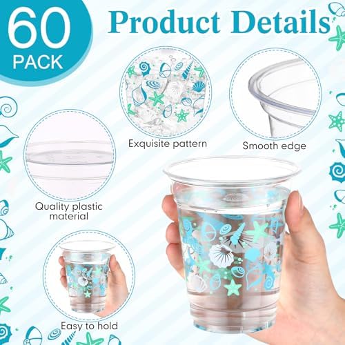 Funnymoom 60 Pack Seashell Beach Plastic Cups 12 oz Summer Beach Starfish Disposable Clear Beverage Drinking Cups for Sea Ocean Pool Birthday Bridal Wedding Baby Shower Party Decoration Supplies