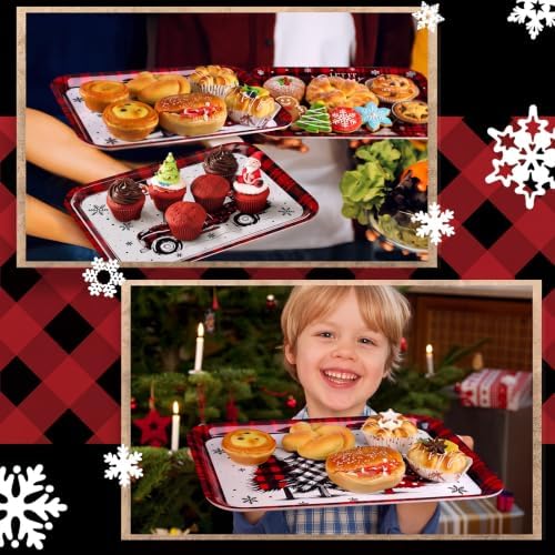 Rtteri 3 Pcs Christmas Serving Trays and Platters 13 x 10 Inch Reusable Red and Black Plastic Christmas Platter Rectangle Buffalo Plaid Xmas Tree Candy Serving Dishes Plates for Holiday Party Decor