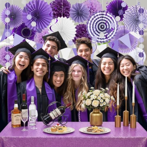 24 Pcs Purple Birthday Decorations Kit, Paper Fans Pom Poms Banner 8-16 in
