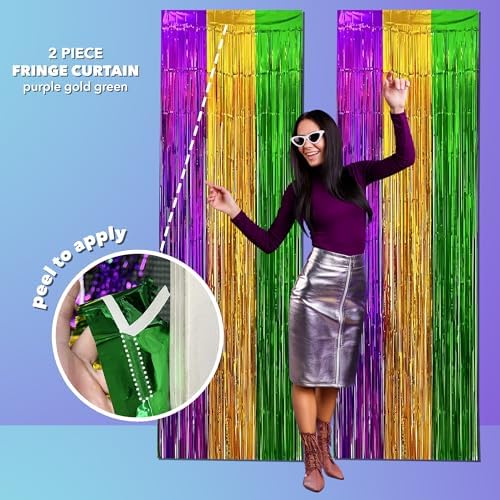GiftExpress 2-Pack 3.33 FT x 8.33 FT (Total 6.66 FT x 8.33 FT) Mardi Gras Metallic Foil Fringe Curtain, Mardi Gras Themed Party, St. Patricks Day Tinsel Backdrop, Foil Fringe Photo Booth Props