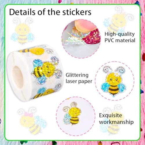 500Pcs Summer Bee Stickers Roll 1.5in Large Glitter Bumble Bee Seal Stickers 5 Designs Cartoon Animal Waterproof Classroom Reward Decals for Spring Bottle Scrapbook Journal Decor