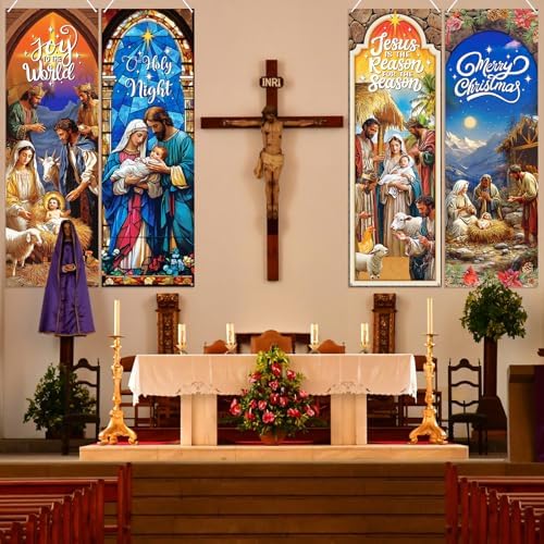 Moukeren 4 Pcs Church Banners Scripture Religious Worship Banner
