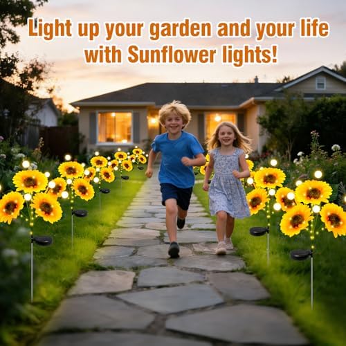 Sunflower Solar Lights Outdoor, 4 Pack Sunflowers with Firefly Lights, Waterproof Solar Flower Lights with 1000mAh Battery for Patio Porch Lawn, Gifts for Mom Women Grandma, Yard Decorations Outdoor