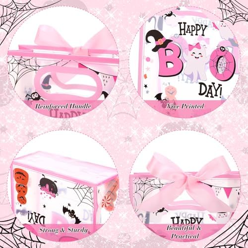 Capoda 24 Pcs Boo Pink Gift Bags Plastic Die Cut Handles with Ribbon