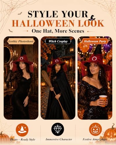 Edoneery Halloween Witch Hat for Women, Mesh Lace Cosplay Costume Accessory
