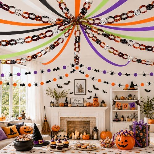 700 Sheets Halloween Paper Chain Strips and 52ft Spider Bat Garlands Set