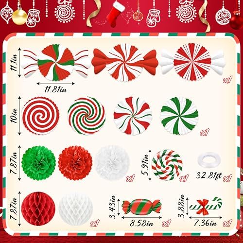 15pcs Candyland Christmas Party Decorations – Paper Fans, Honeycomb, Swirls for Peppermint, Indoor Ceiling, Wall Holiday Decor