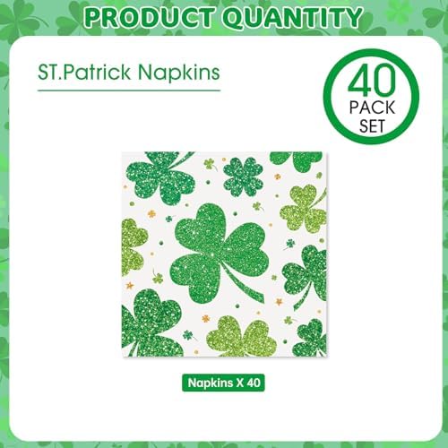 40 Pcs St.Patricks Day Napkins 13 x 13 Inches - Green Shamrock Napkin, 3-Ply Disposable Lucky Irish Cocktail Beverage Dinner Napkins Set for Saint Patrick's Day Party Supplies Table Decorations
