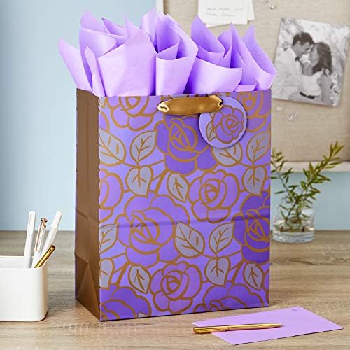Hallmark 13" Large Gift Bag with Tissue Paper (Flowers, Gold Accents)