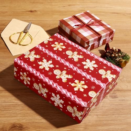 BIOBROWN Christmas Wrapping Paper Red Gingerbread Man & Plaid Design
