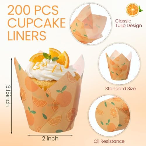 Maxdot 200 Pcs Orange Tulip Cupcake Liners for Baking Little Cuties Paper Muffin Baking Cups Orange Fruit Theme Tulip Muffin Liners Wrappers for Summer Birthday Baby Shower Dessert Fruit Party