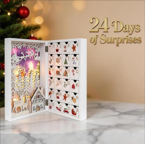 Lighted Wooden Christmas Advent Calendar with 24 Drawers