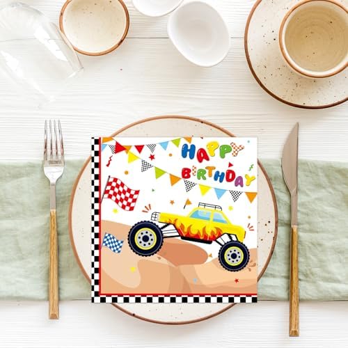 50 Pcs Monster Truck Paper Napkins 6.5 x 6.5 Inches, Racing Car Theme Disposable Luncheon Dinner Party Napkins Cocktail Napkin for Monster Truck Birthday Party Decorations (Truck)