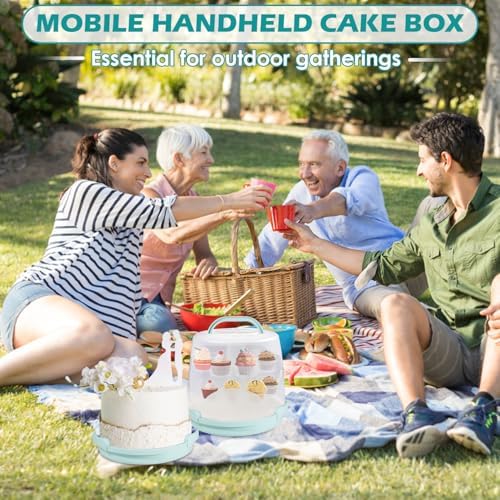 Cake Carrier Round Cake Stand Plus Height Cake Container with Cupcakes Pad, Handle, Lid Reusable Package Box for Transporting Desserts,Pie,Toast,Fruit (10" Blue)