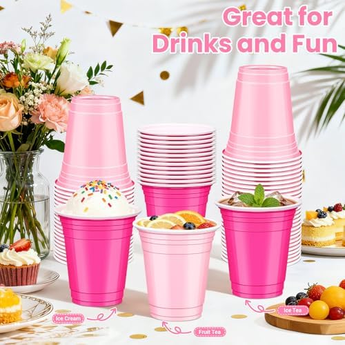 100 Pcs Pink and Hot Pink Plastic Cups, 12 oz Disposable Cups
