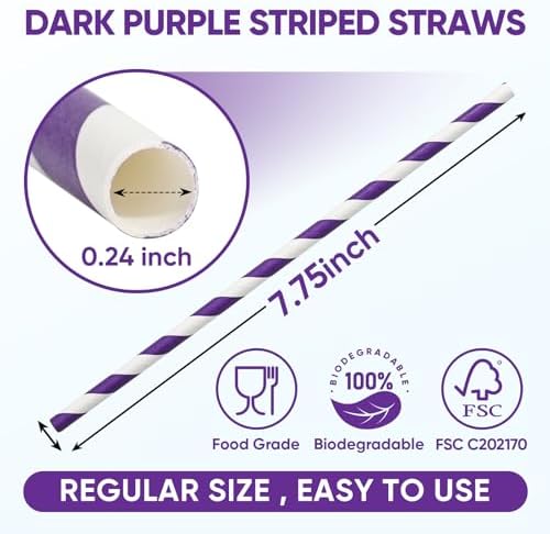 7.75" Purple Straws, Purple Striped Paper Drinking Straws, Party Straws 100