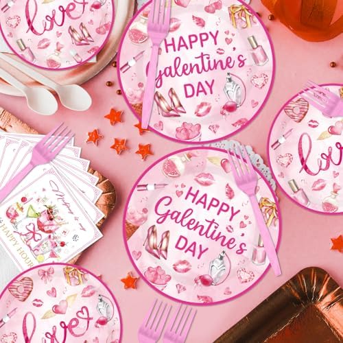 EUOYUFO 96Pcs Pink Galentine Party Decorations Tableware Set Happy Galentine's Day Paper Plates Napkins Forks Galentines Valentines Day Theme Party Supplies Serve 24 Guests