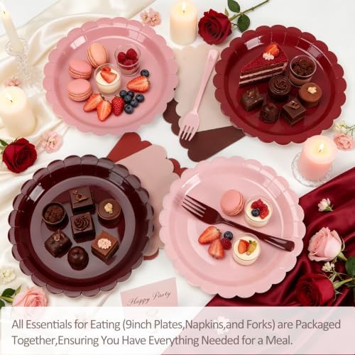 Pink and Burgundy Paper Plates and Napkins,Include Gradient 9inch Plates Napkins Forks Disposable Party Supplies for Baby Shower,Birthday,Wedding,Serves 24
