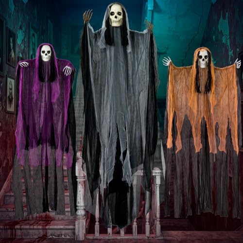 JOYIN 3 Pcs Halloween Hanging Grim Reaper Decoration Set, One 63" Two 47" Skeleton Flying Ghosts, Spooky Outdoor Indoor Decor for Yard Garden Tree Porch Haunted House Prop Party Supplies